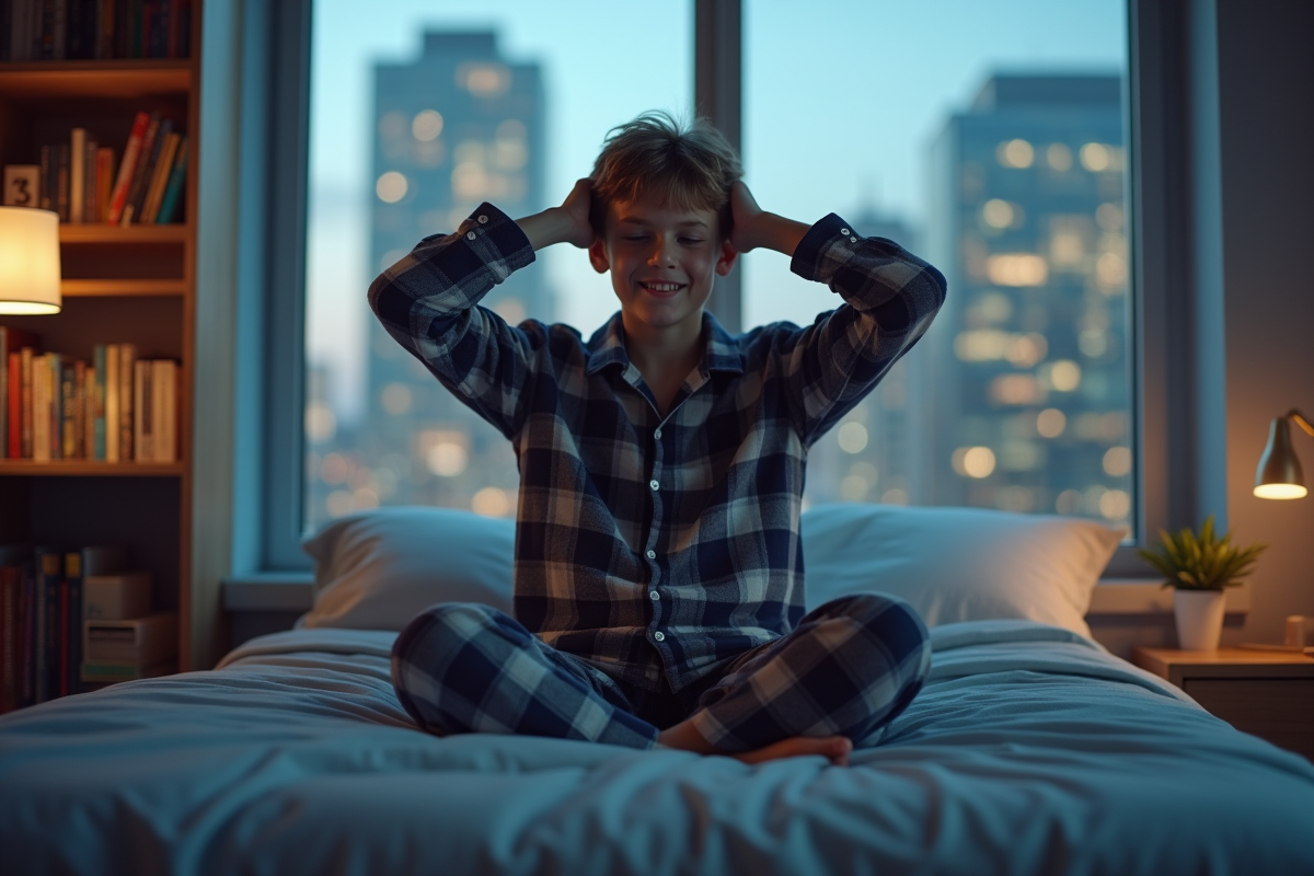 Adolescent en pyjama assis sur son lit en ville au crépuscule