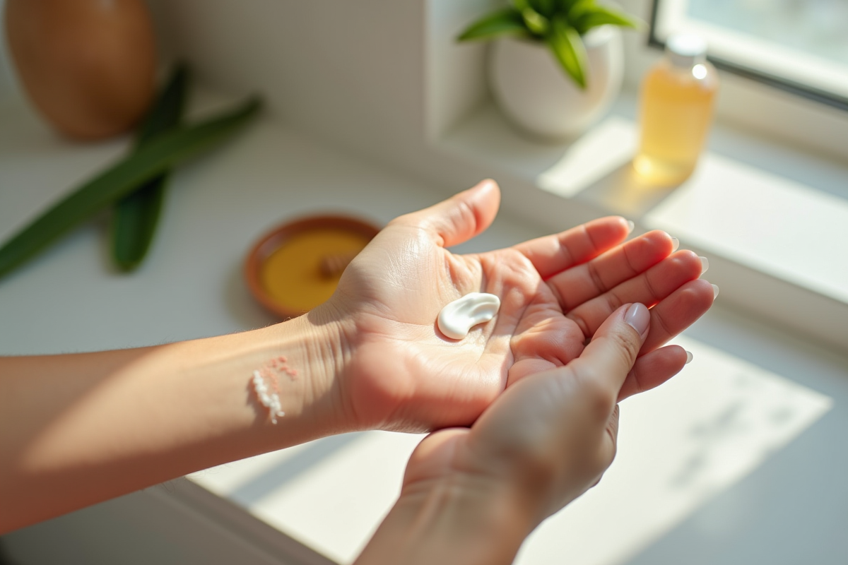 Main d'une femme appliquant une creme apaisante sur une brulure