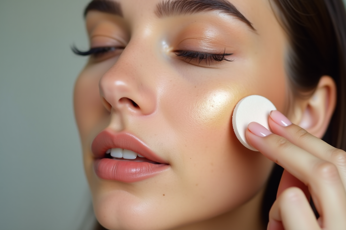 Femme appliquant fond de teint sur la joue avec éponge naturel