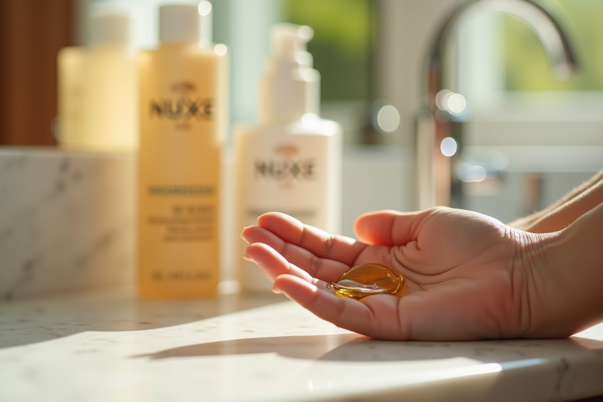 Main appliquant une huile Nuxe sur la peau avec produits en arrière-plan