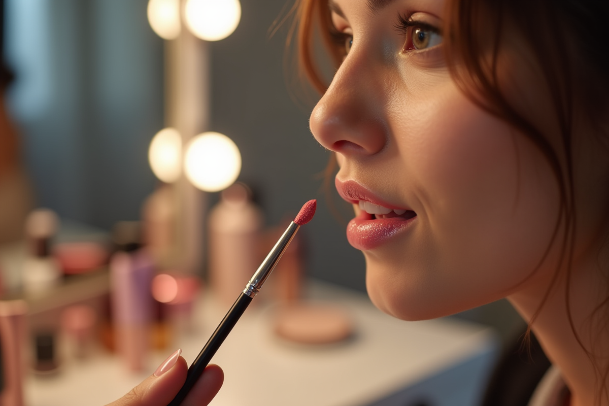 Main appliquant un gloss brillant avec un pinceau précis