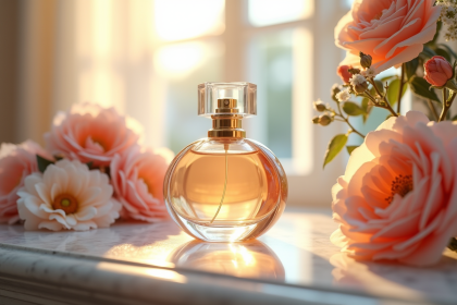 Bouteille de parfum élégante sur un marbre avec fleurs et vaporisation