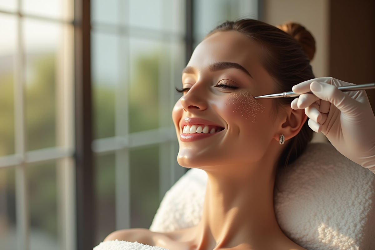 Célébrité élégante au spa souriante lors d'un soin microneedling