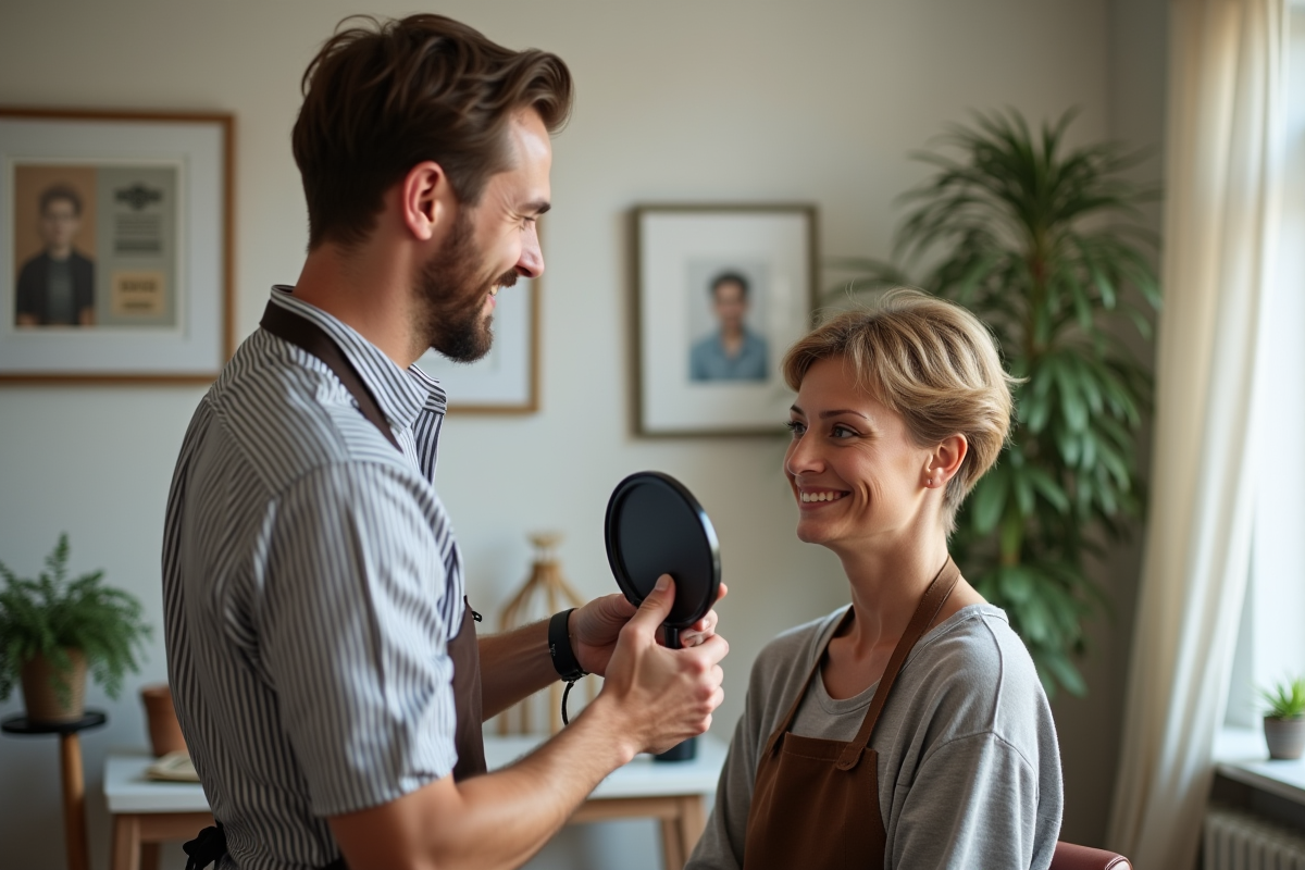 Styliste homme montrant un miroir à une cliente satisfaite