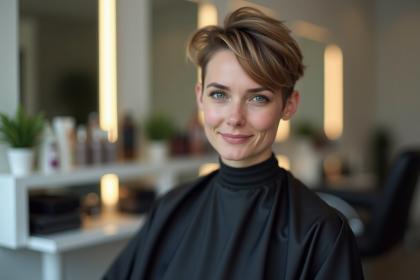 Femme souriante avec coupe pixie dans un salon moderne