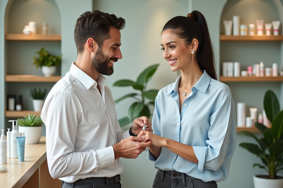 Conseiller en soins visage avec cliente dans boutique moderne