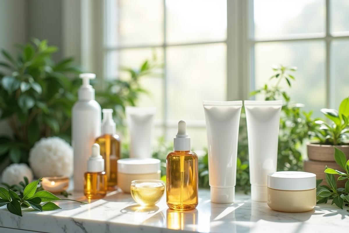 Produits de soin bio sur un marbre lumineux avec feuilles vertes