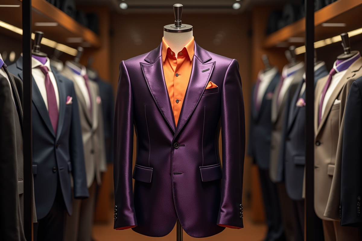 Vitrine avec costume violet metallise et chemise orange