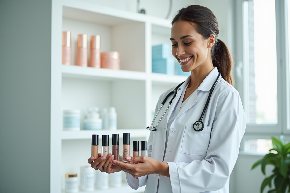 Dermatologue souriante tenant des marques de maquillage recommandées