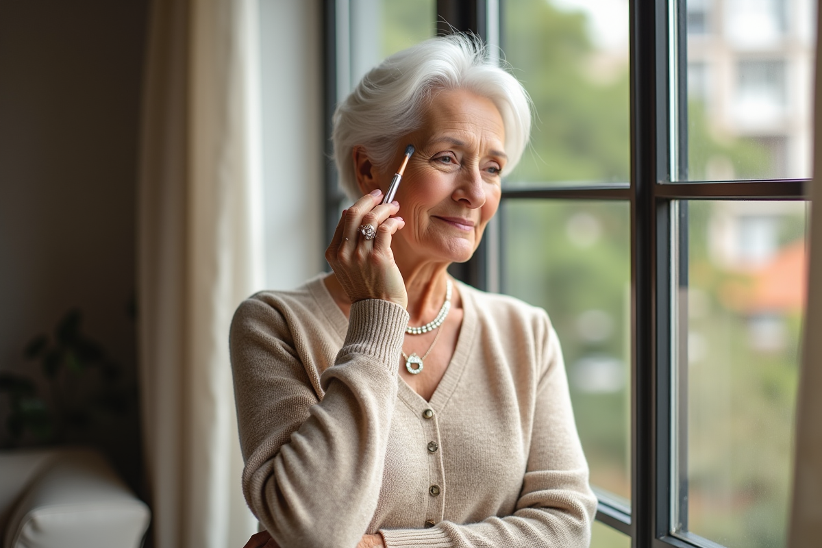 Femme en beige se maquillant près d une fenêtre lumineuse