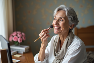 Femme de 60 ans appliquant du fond de teint dans un cadre chaleureux