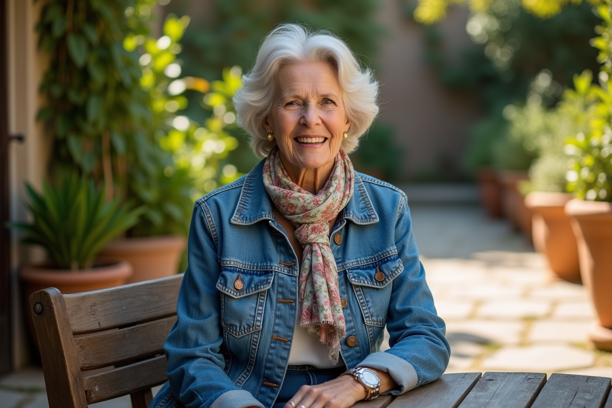 Femme élégante en jean et foulard dans un jardin ensoleille