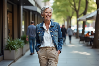 Femme de 70 ans en denim et blanc dans une rue urbaine