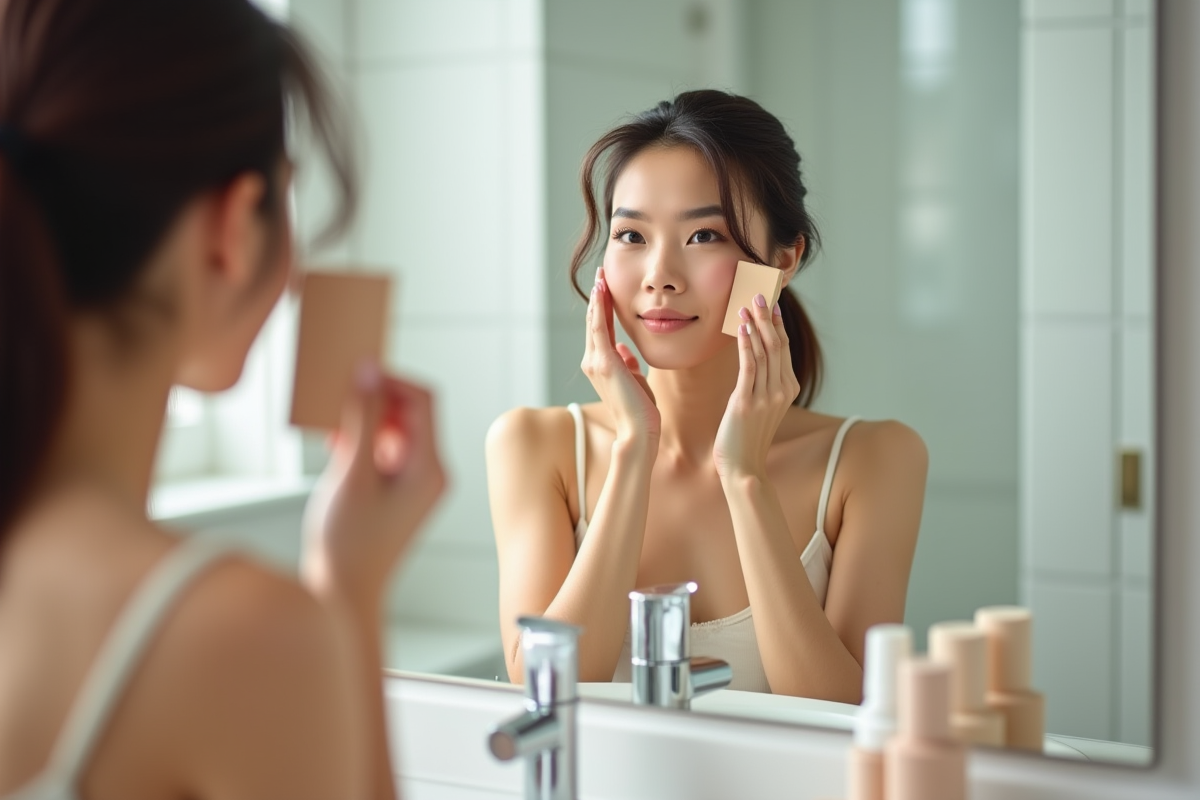 Femme appliquant du fond de teint dans une salle de bain lumineuse
