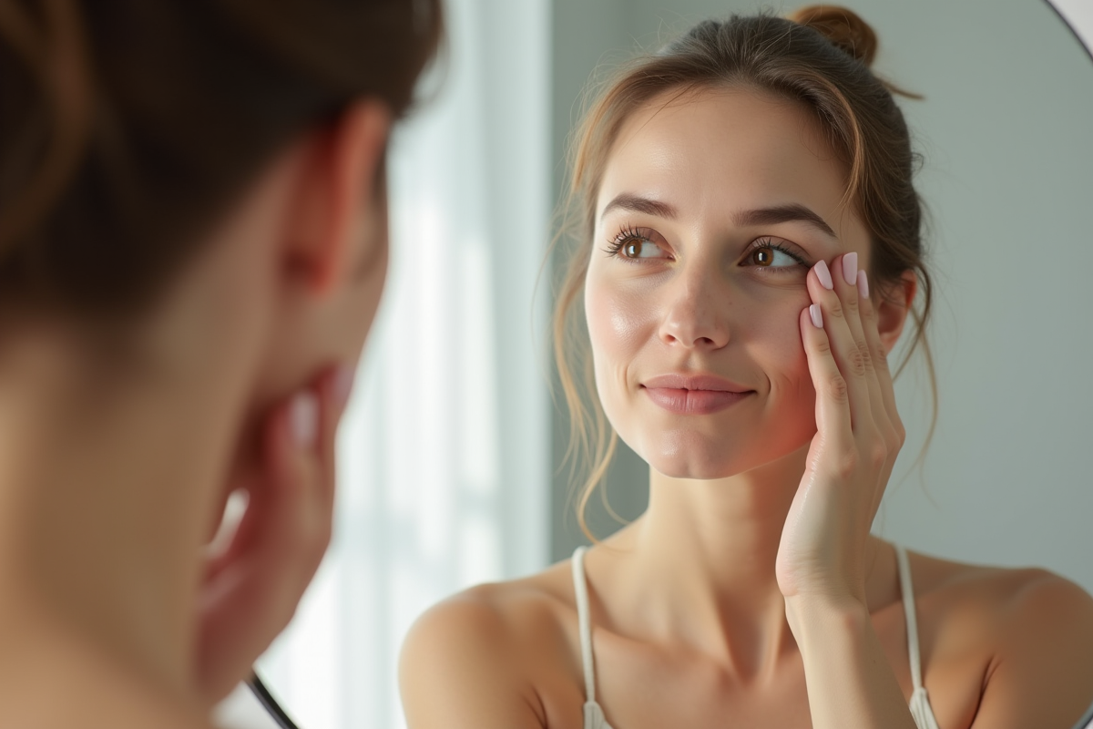 Jeune femme appliquant un primer léger sur son visage dans une salle de bain lumineuse