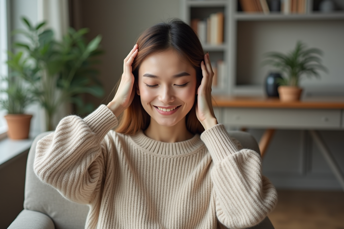 Femme souriante se faisant un auto-massage du cuir chevelu