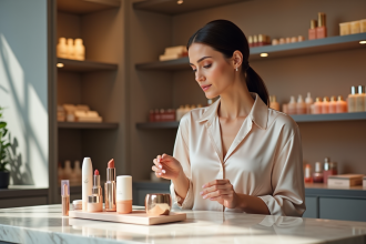 Femme examinant des produits de maquillage haut de gamme en boutique