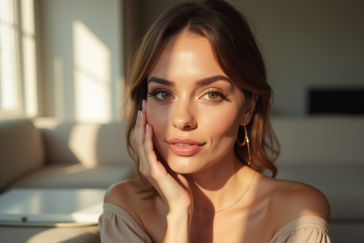 Femme confiante touchant son visage dans un salon lumineux