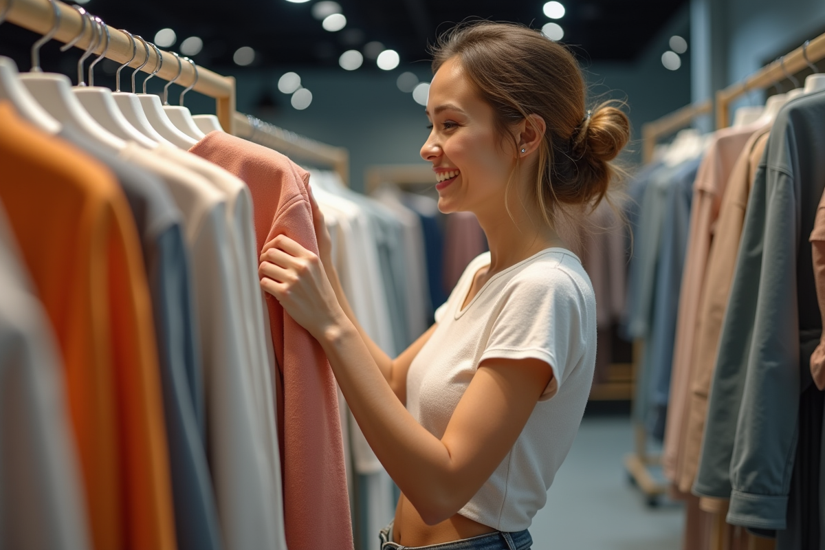Femme souriante choisissant une robe dans une boutique moderne