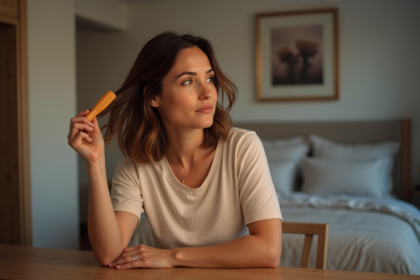 Femme en t-shirt coton se coiffant dans sa chambre cosy