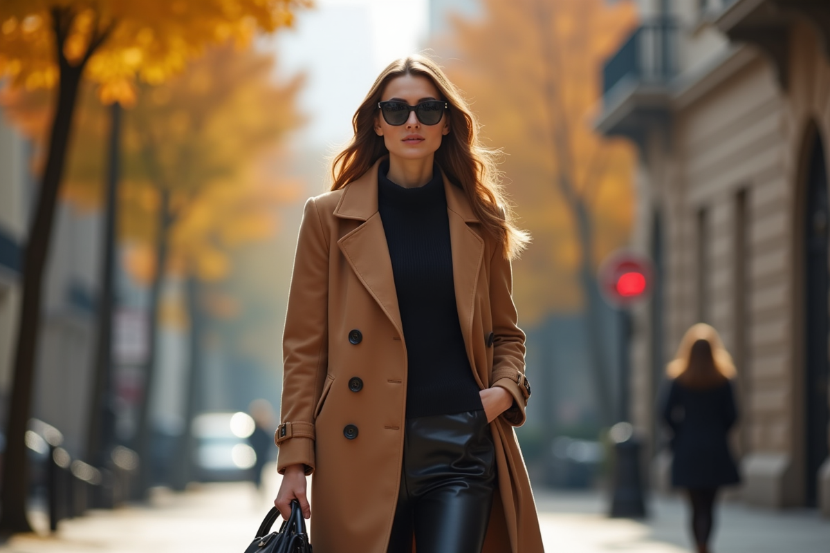 Femme confiante marchant dans une rue chic en automne avec manteau camel