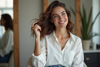 Femme avec coupe effilee dans un salon moderne