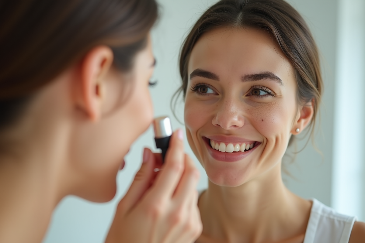 Femme souriante appliquant concealer sur cicatrice visage