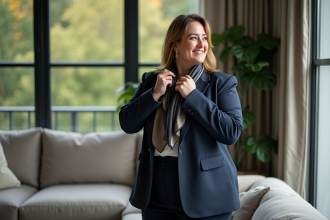 Femme confiante en blazer et foulard dans un int&eacute;rieur moderne