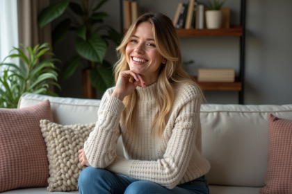 Femme confiante assise dans un salon chaleureux