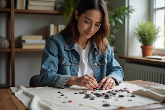 Femme cr&eacute;ant avec des boutons dans un int&eacute;rieur cosy
