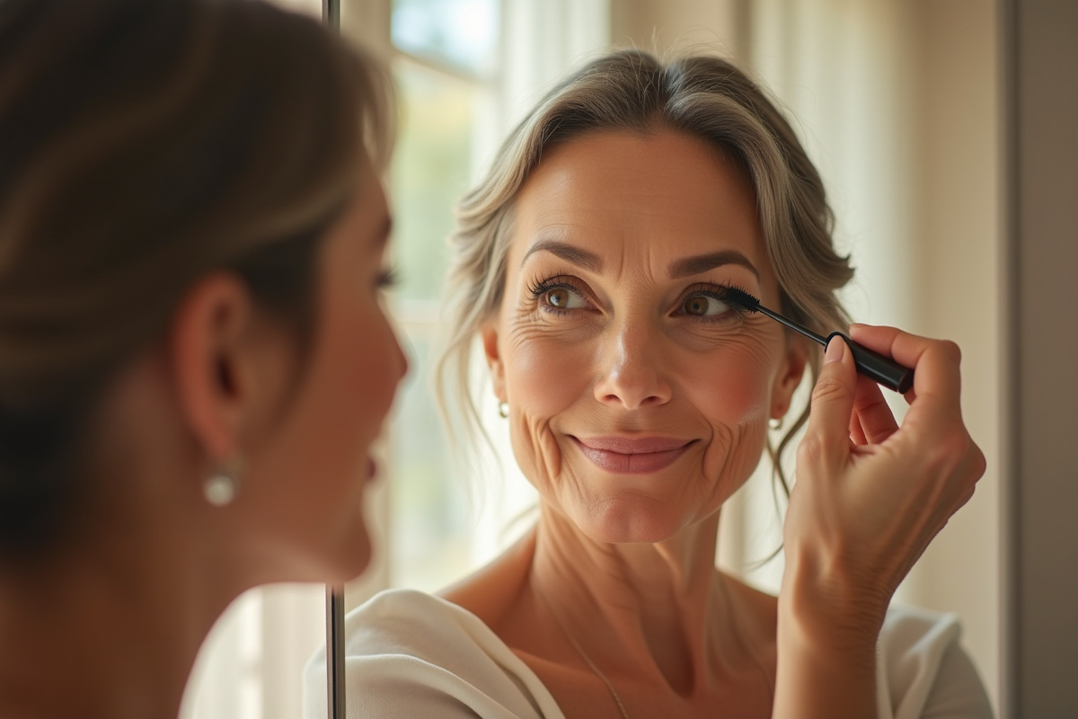 Femme élégante de 60 ans appliquant mascara brun dans un miroir lumineux