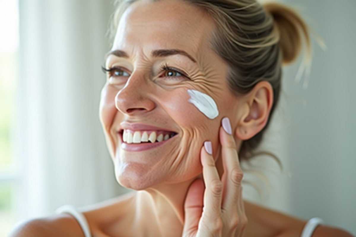 Femme mature appliquant une creme hydratante sur le visage