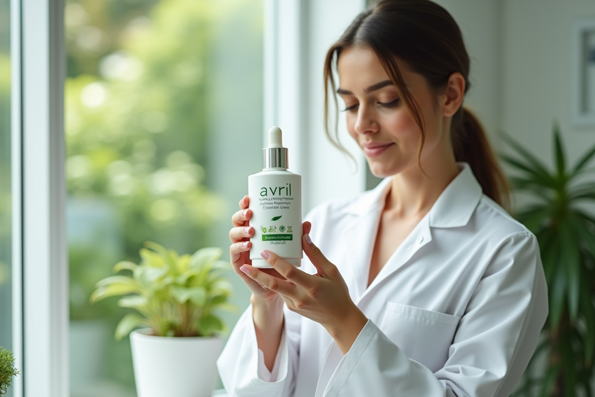 Femme en blouse blanche inspectant un soin bio Avril dans un laboratoire lumineux