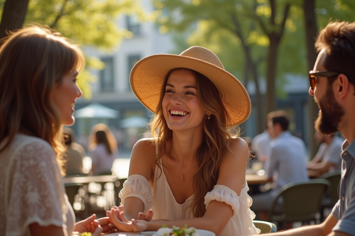 Femme élégante riant avec des amis en terrasse en été