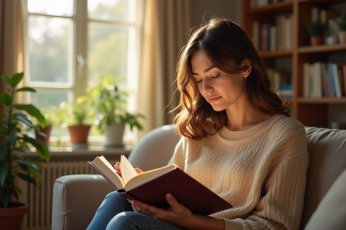 Femme lisant un livre dans un salon lumineux