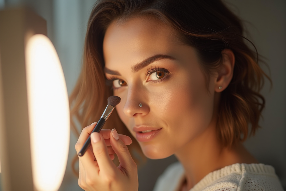 Femme confiante appliquant un maquillage naturel sur les yeux