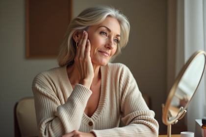 Femme d'âge moyen se massant le visage dans un miroir naturel