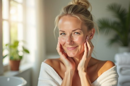 Femme souriante massant son visage dans une salle de bain lumineuse