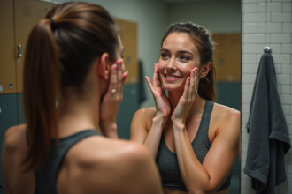 Femme se massant le visage dans une salle de sport moderne