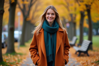 Femme &eacute;l&eacute;gante en manteau d'automne dans un parc