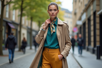 Femme élégante en ville ajustant son foulard en soie