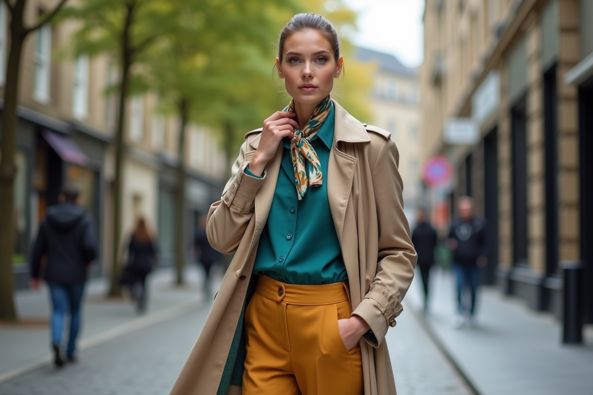 Femme élégante en ville ajustant son foulard en soie