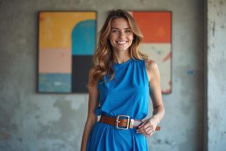 Femme élégante en robe bleu électrique dans un studio moderne