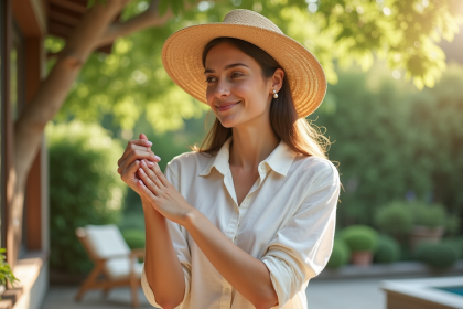 Jeune femme appliquant une creme naturelle en plein air