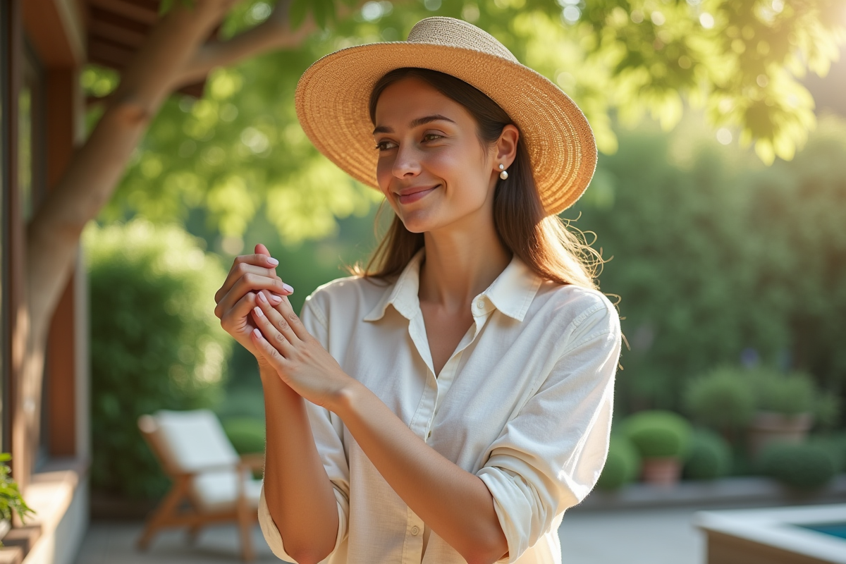 Jeune femme appliquant une creme naturelle en plein air