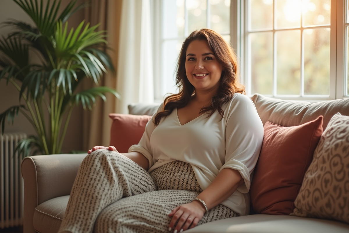 Femme grande taille souriante dans un salon lumineux et cosy