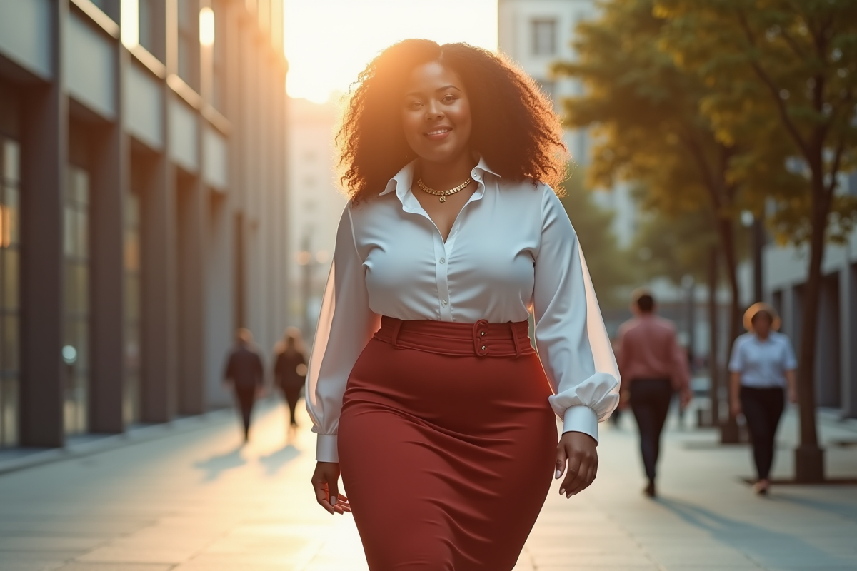 Femme grande taille élégante dans une jupe haute taille en ville