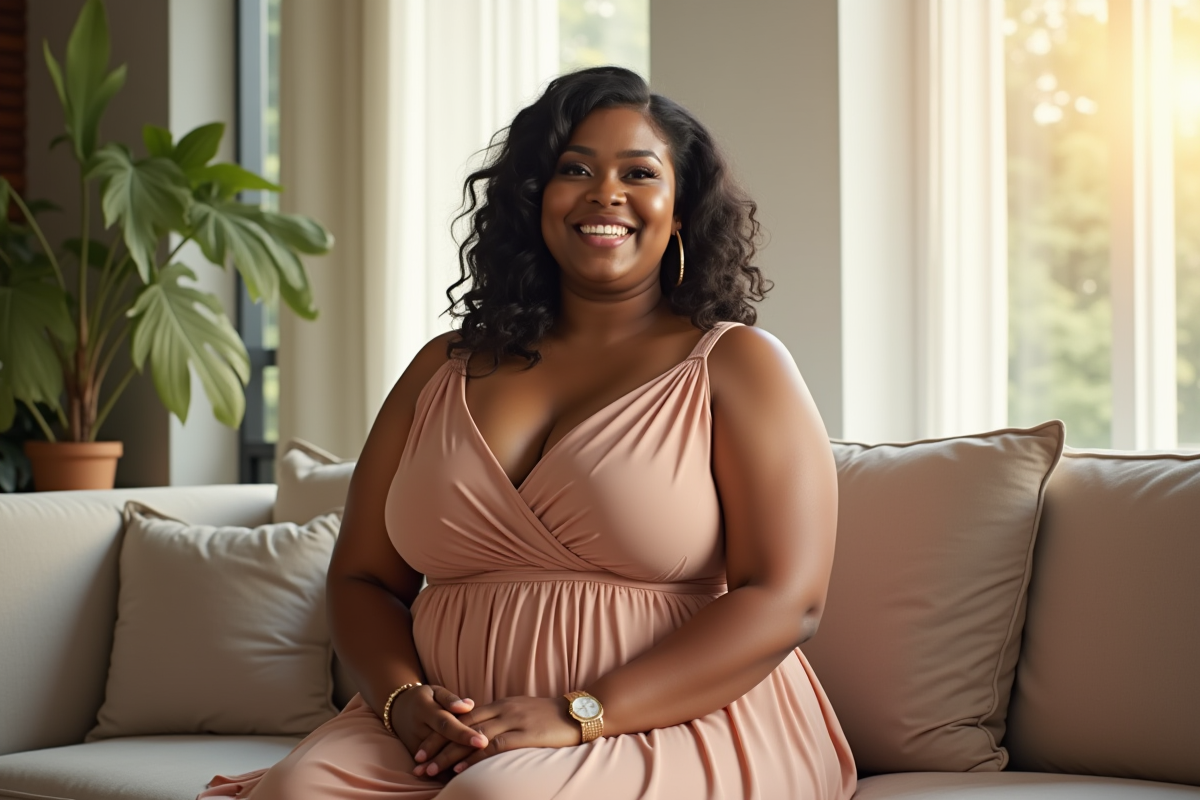 Femme plussize élégante dans un salon lumineux et moderne