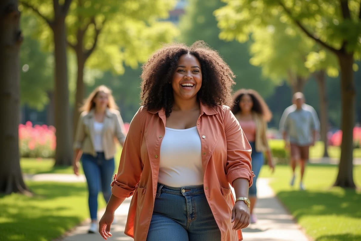Femme plussize souriante dans un parc urbain en plein air