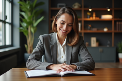 Femme d'affaires souriante examine des échantillons de produits